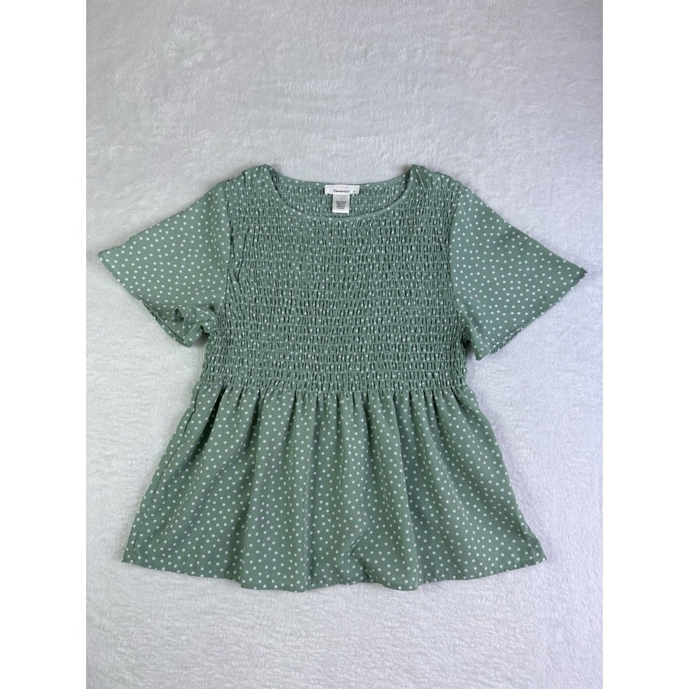 Urban Romantics Womens Green T-Shirt Polka Dot Ruffle Short Sleeve SZ L Casual
